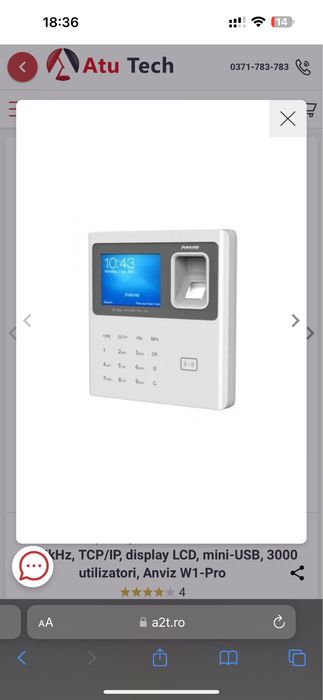 Centrala pontaj biometric sau card RFID 125kHz, Anviz W1-Pro