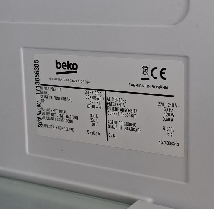 Combină frigorifică (frigider + congelator) 350 litri Beko