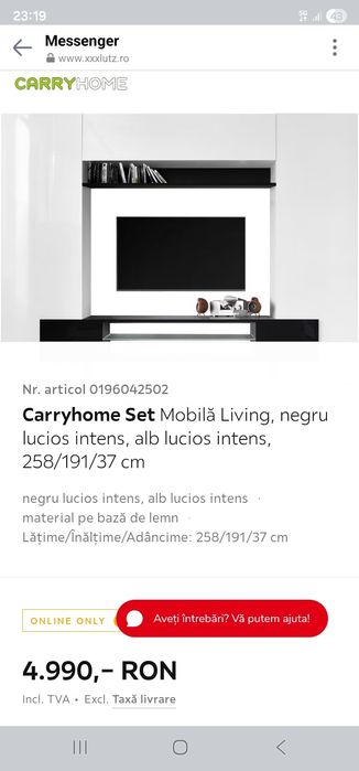 Comoda TV Carryhome Set Mobilă Living, negru lucios intens, alb lucios intens, 258/191/37 cm