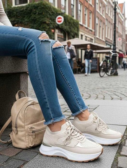 Дамски маратонки на платформа в бежово -2026