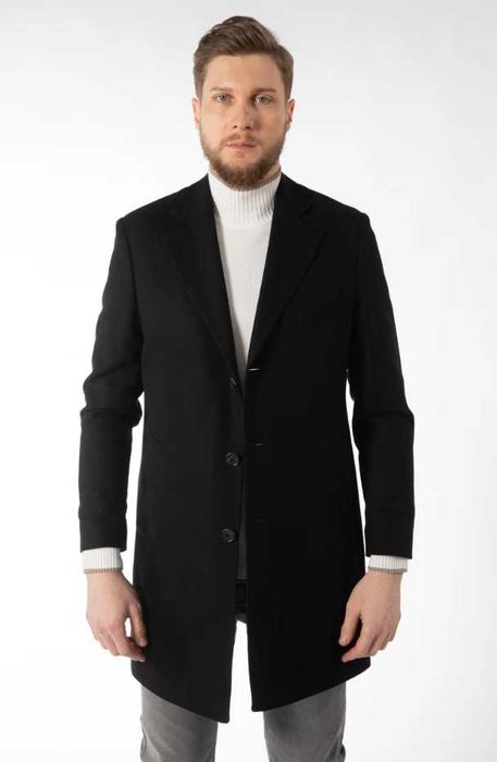 Palton slim premium CENTONE 52 XL gri inchis si negru lana moale