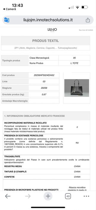 Geanta  Liu Jo Milano -L tote nou cu eticheta