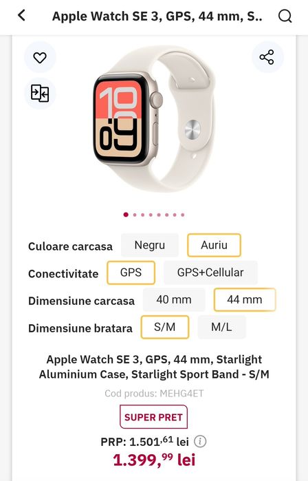 Apple Watch SE 3, GPS, 44 mm, Starlight Aluminium Case