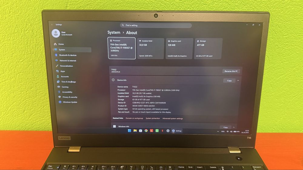 Thinkpad T15 Gen 2i, core I7-1185G7, 32 GB RAM, 512 GB NVME Samsung