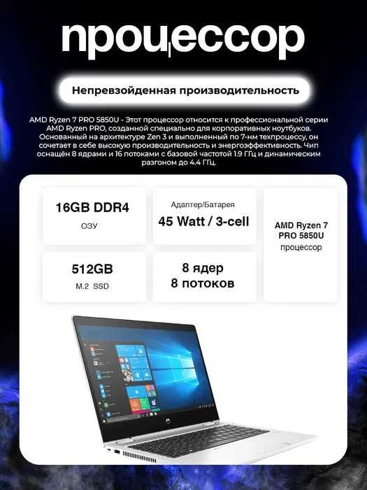 Ноутбук HP Probook x360, Ryzen 7 PRO 5850U, 16/512 GB, 13.3" FHD IPS
