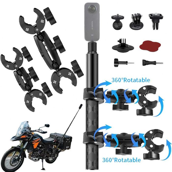 Set prindere moto: selfie stick + 2x clema dubla pt Insta360 GoPro DJI