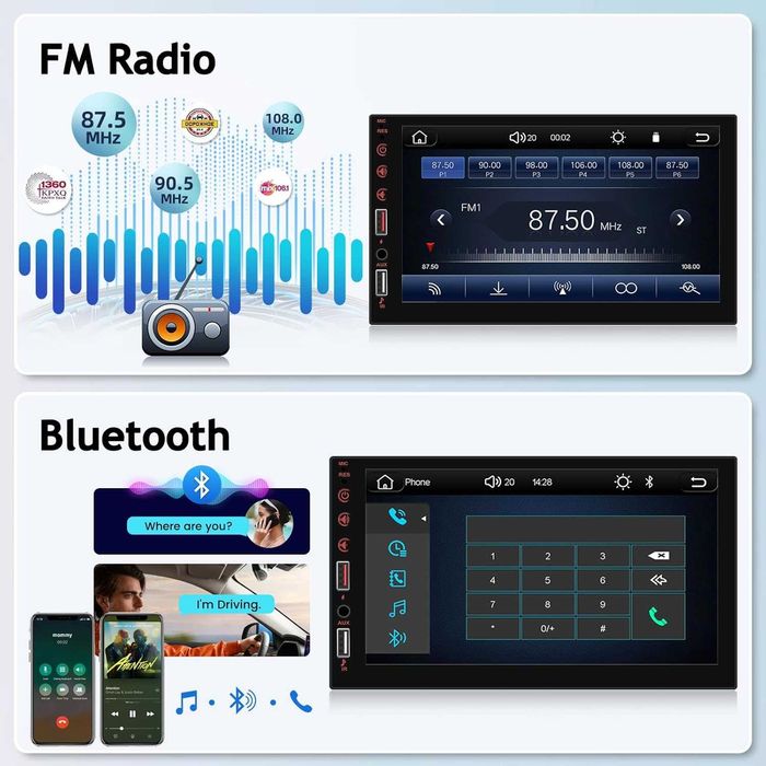 Двудиново автомобилно радио с безжичен Carplay и Android Auto, 7 инча
