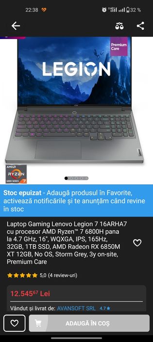Lenovo Legion 7, rx 6850m xt 12gb, 32gb ram, 1tb ssd, GARANTIE