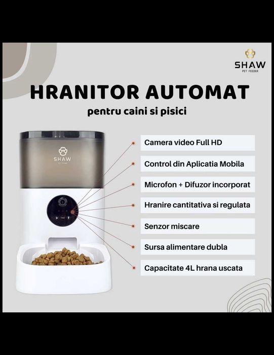 SHAW Pet Feeder Hranitor automat dispenser hrana Smart pentru caini pisici camera video infrarosu aplicatie programabil 4L