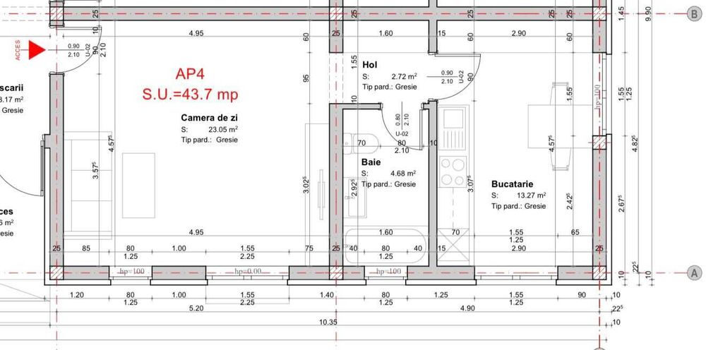 Vând apartament 43,1 m² în Braytim cu curte 24 m² proprietate + loc p