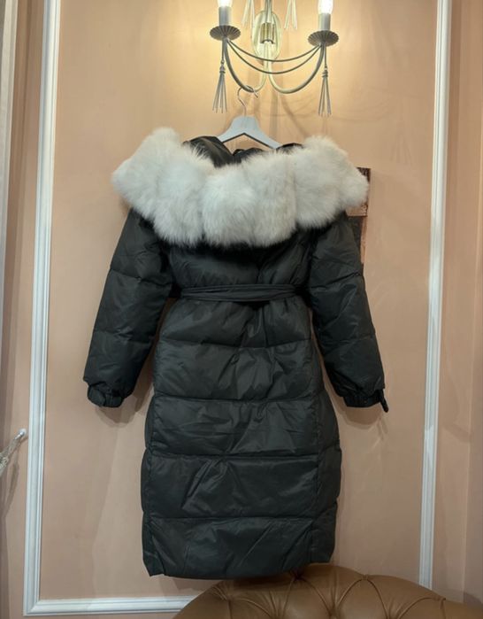 Geaca lunga puf gasca si blana de vulpe S-M noua