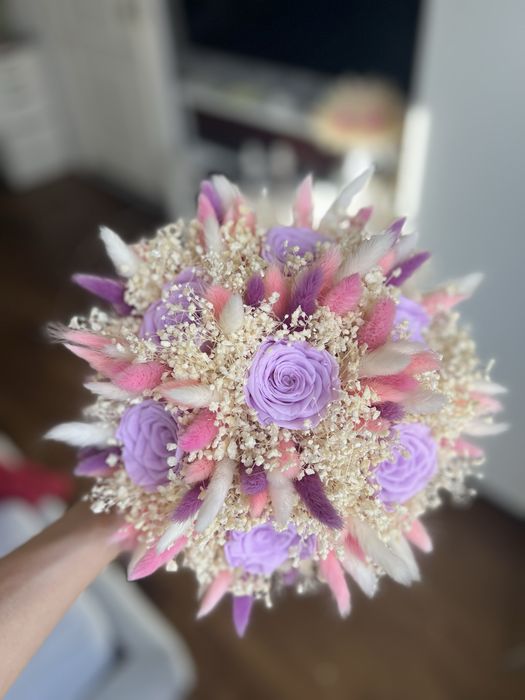 Buchet cununie/nunta din trandafiri naturali criogenati si flori uscate