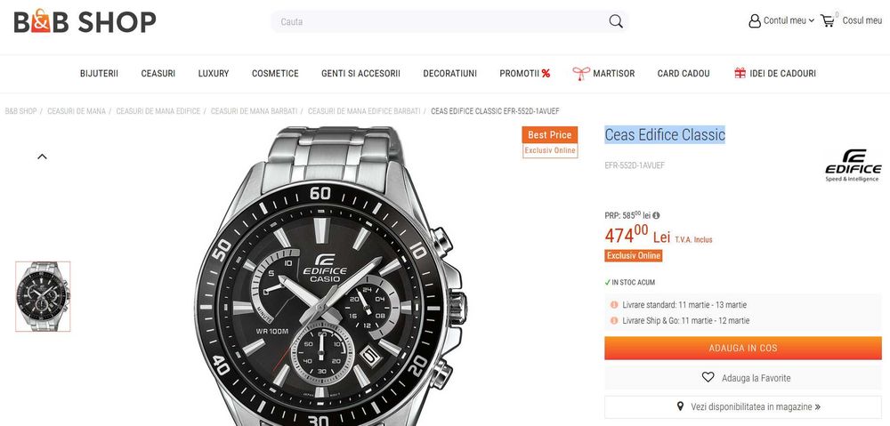 Ceas Edifice Classic barbatesc, nou
