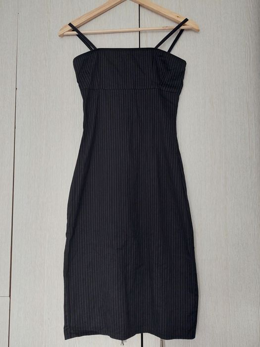 Rochie damă midi elegantă făcută pe comandă neagră cu dungi fine mărimea S-XS