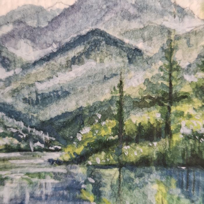 Tablou Acuarelă - Vale Montană și Râu - Pictură Originală - Ramă Lemn Natur