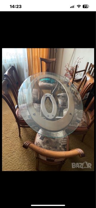 Трапезна маса стъкло 6 стола масив