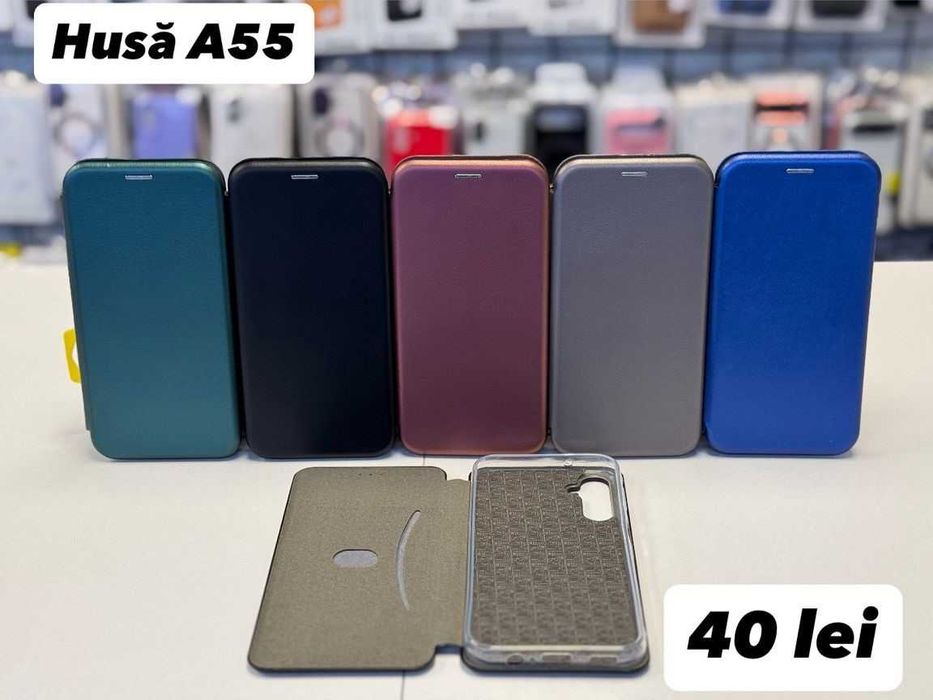 Husa piele ecologica tip carte, folie, cablu, încarcator Samsung A55