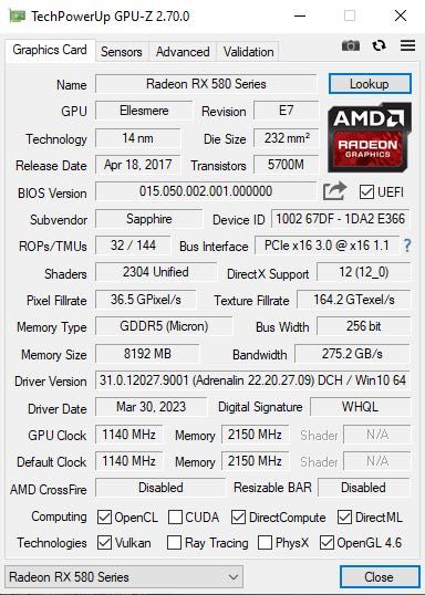Видеокарта тествана SAPPHIRE NITRO RX 580 8GB