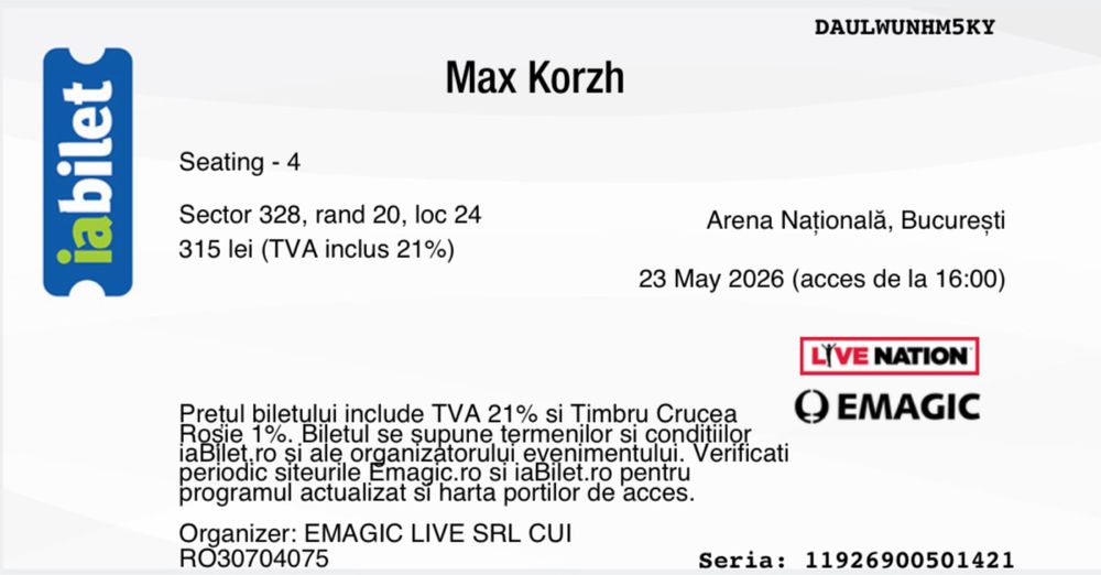 Продам билеты на концерт Макс Корж Бухарест