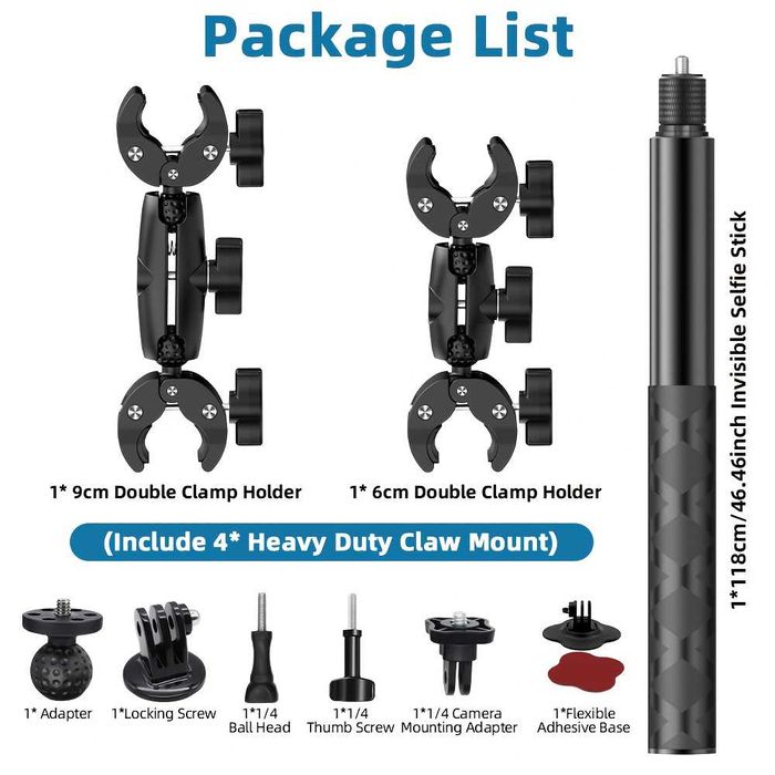 Set prindere moto: selfie stick + 2x clema dubla pt Insta360 GoPro DJI