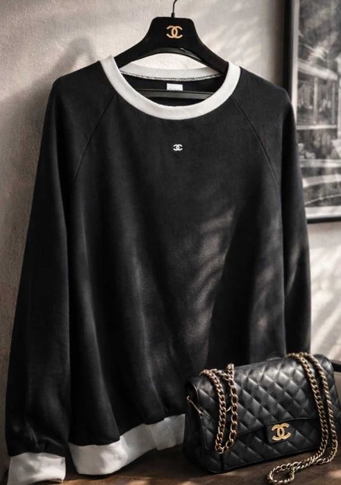 уникална черна блуза с бяло Шанел Chanel дълъг ръкав суичър топ качест