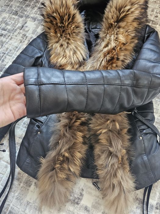 Дамско яке естествена кожа и естествен пух