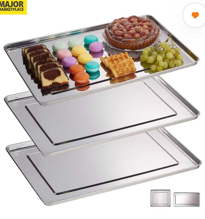 Tăvi de servire inox 3buc compatibile mașină de spălat 48x33cm – Argintiu