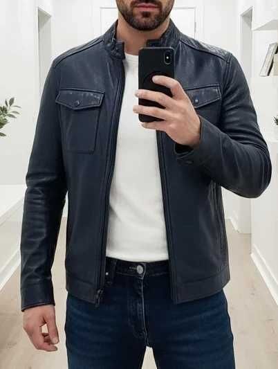 Massimo Dutti geaca piele barbati / jacheta de piele bleumarin