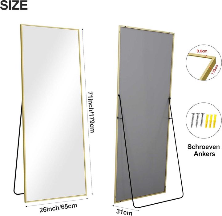 Oglindă mare 179 x 65 cm cu ramă din aluminiu,auriu  ÎNALTĂ CALITATE