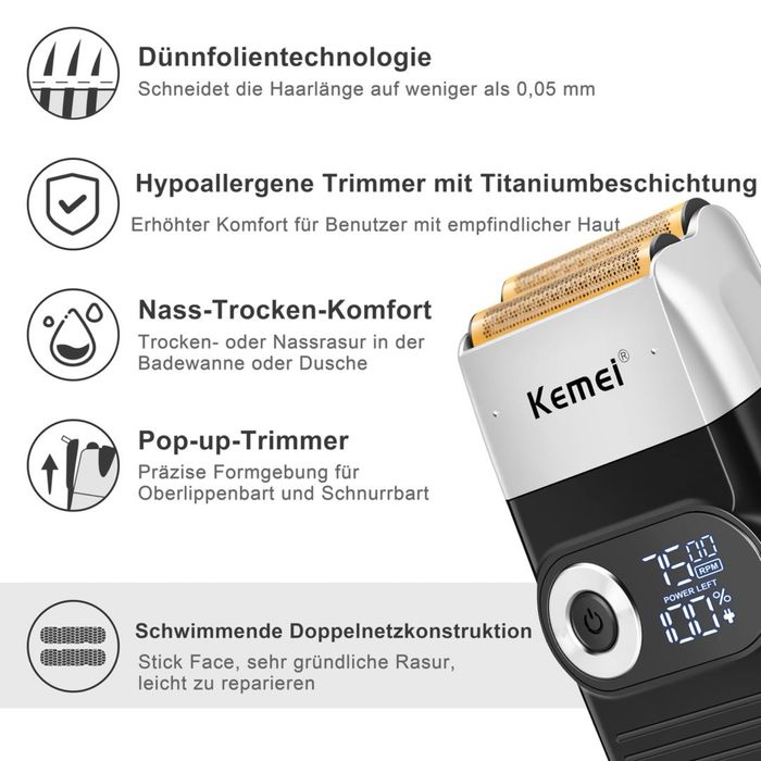 Aparat de ras electric Kemei, display LED, acumulator reîncărcabil și accesorii