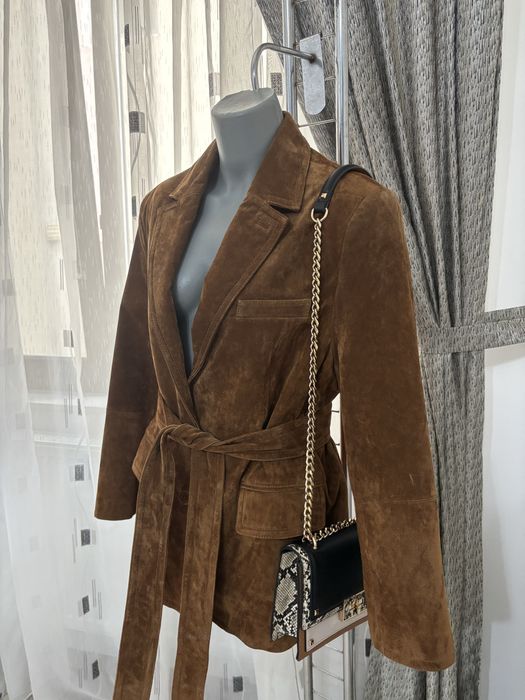 Sacou Zara Leather Collection din piele naturală întoarsă, nou, XS-S, camel cognac