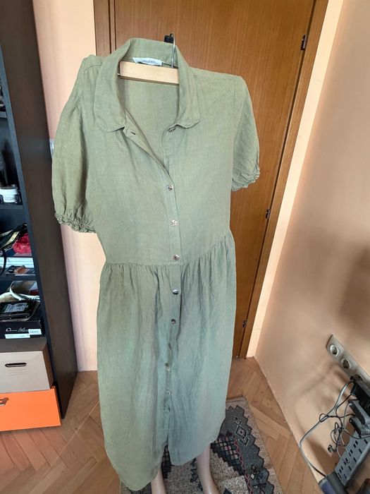 Ленена рокля в маслинено зелен цвят Zara, размер M/L
