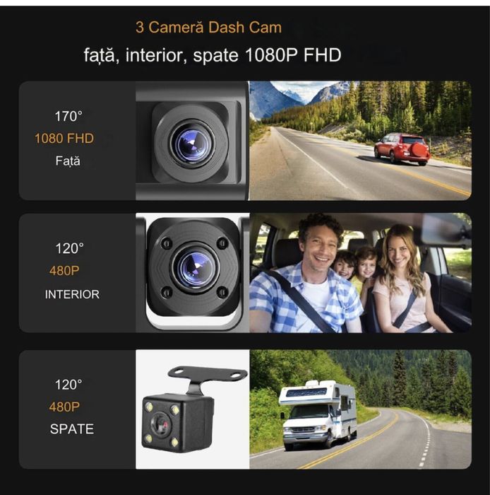 Camera de bord tripla cu Aplicatie wifi , Full HD