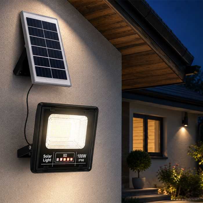 МОЩНИ Соларни LED прожектори 50W и 100W с отделен панел – IP66, без кабели и разход за ток