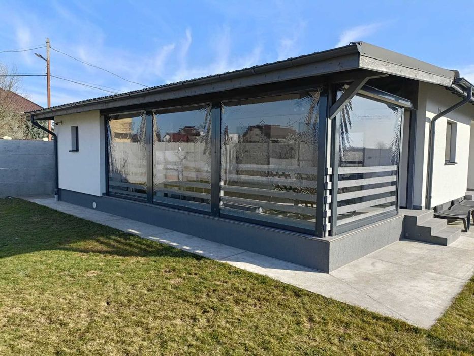 Folie terasă premium transparentă cu casetă și ghidaje aluminiu – set