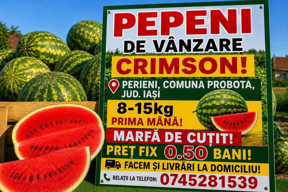 Vând pepeni crimson, 0.50 de bani kg direct din câmp(perieni,Iași) , livram în Iași de la 200 kg în sus cu 1 leu kg,pentru detalii mesaj în privat