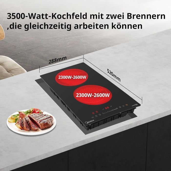 Индукционен котлон Midea MIH351D257KO с 2 зони за готвене, 28,8x52 см