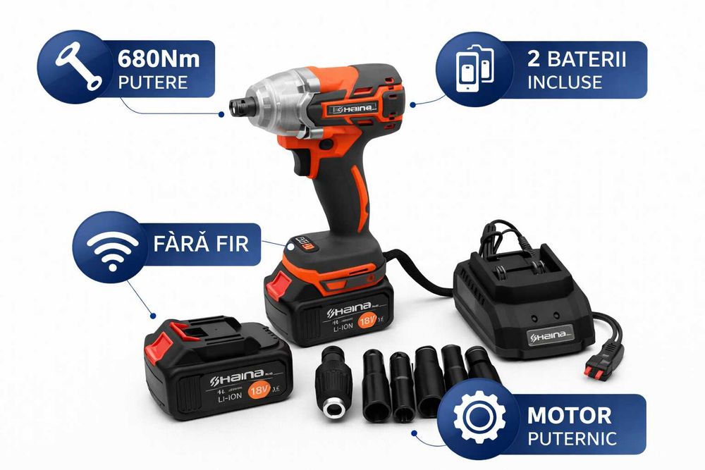 Cheie impact 680Nm cu 2 baterii set complet profesional