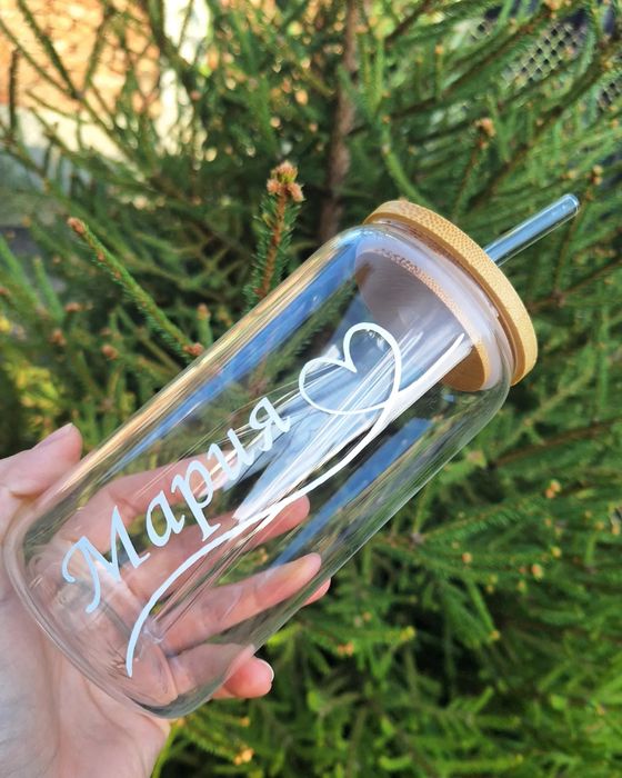 Персонализирана чаша / Стъклена чаша с бамбуков капак