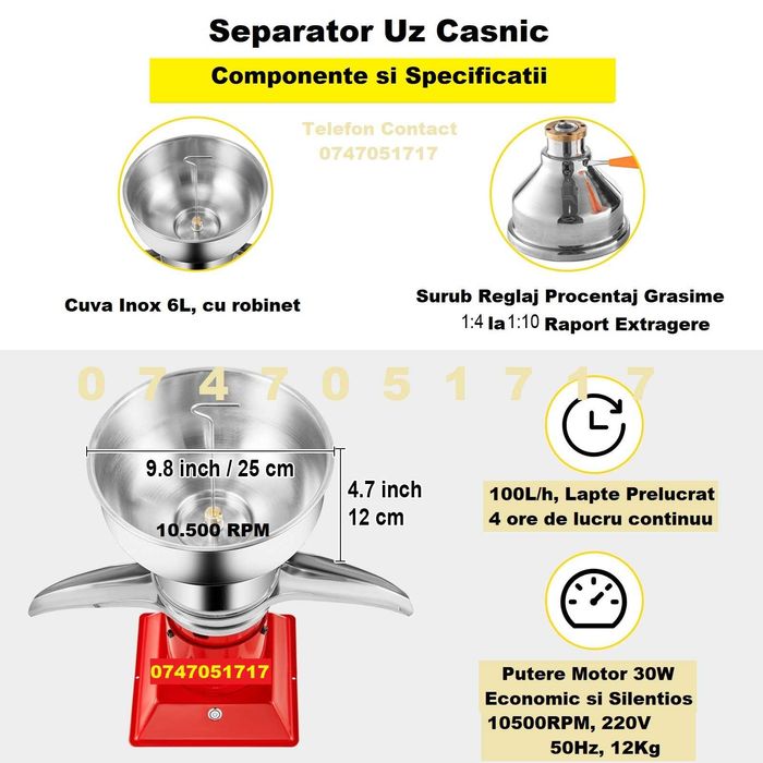 Separator Smantana, Inox, 50-100L/h, uz Casnic, 12/220V, Nou, Garantie