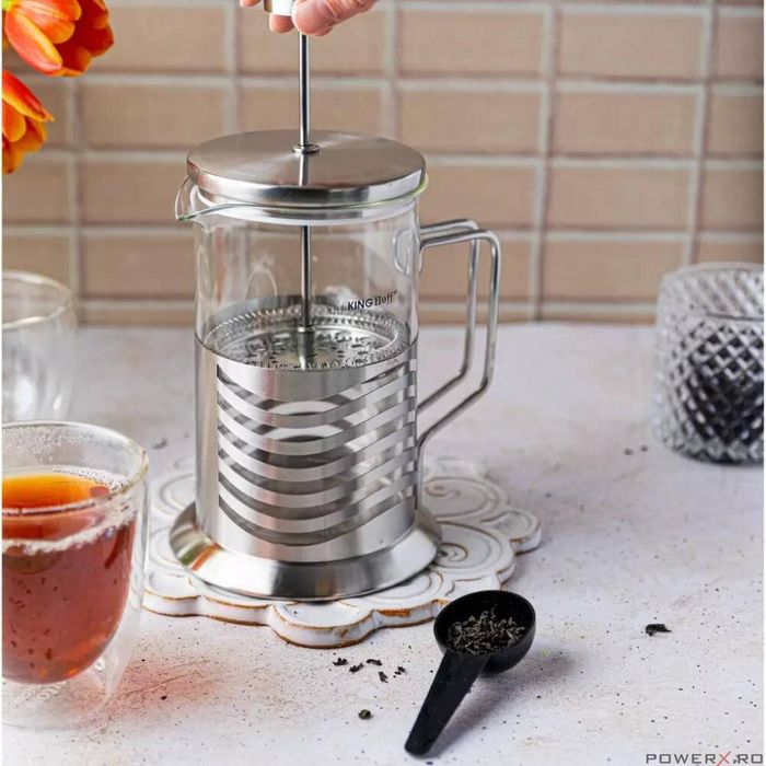 Infuzor ceai, din sticla si inox, ceainic cu presa, 0.8L, Kinghoff