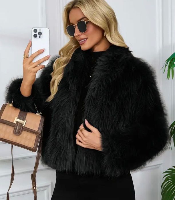 Черно палто изкуствен косъм