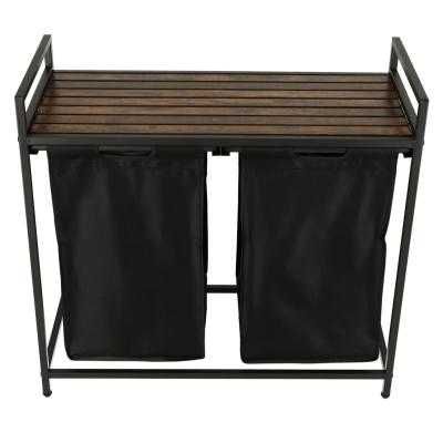 Cos mare de rufe cu doua compartimente, cu raft si blat din lemn, model LOFT, culoare neagra