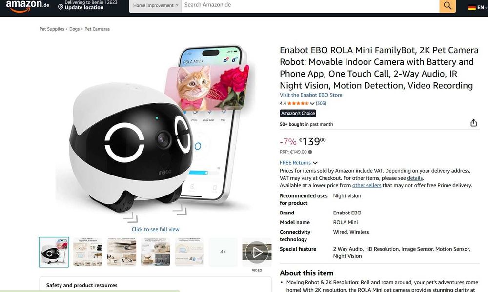 Enabot EBO ROLA Mini FamilyBot, robot cu cameră 2K pentru animale