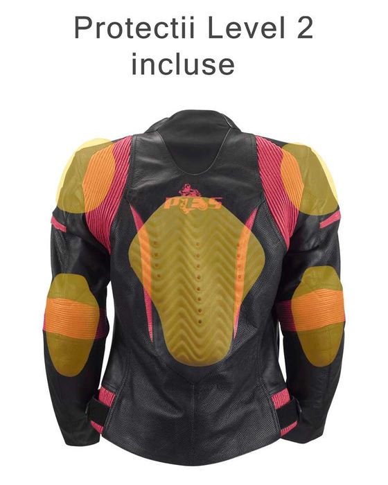 Geacă Moto Damă Piele cu Protecții Nivel 2, PES, Negru/Roz