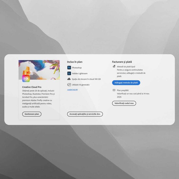 Adobe Creative Cloud Pro 1-12 luni | Photoshop, Lightroom, Premiere