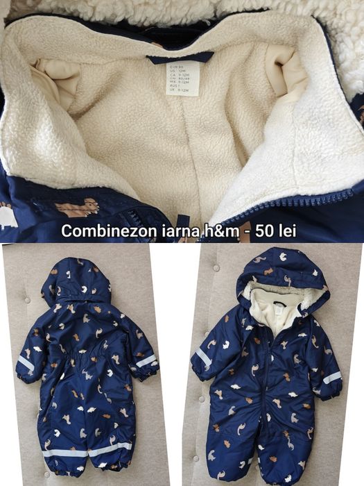Combinezon iarnă H&M cu dinozauri, mărimea 80 (9-12 luni) – Stare excelentă