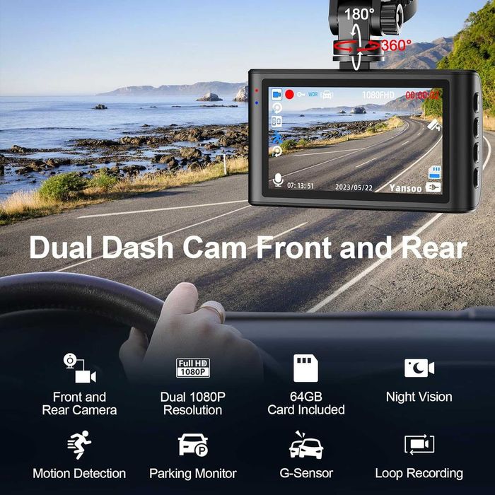 Yansoo Dash Cam + задна камера и карта  8GB карта