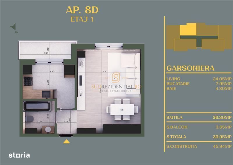 Garsoniera de vanzare, ansamblu rezidential, finisaje moderne - Vidra
