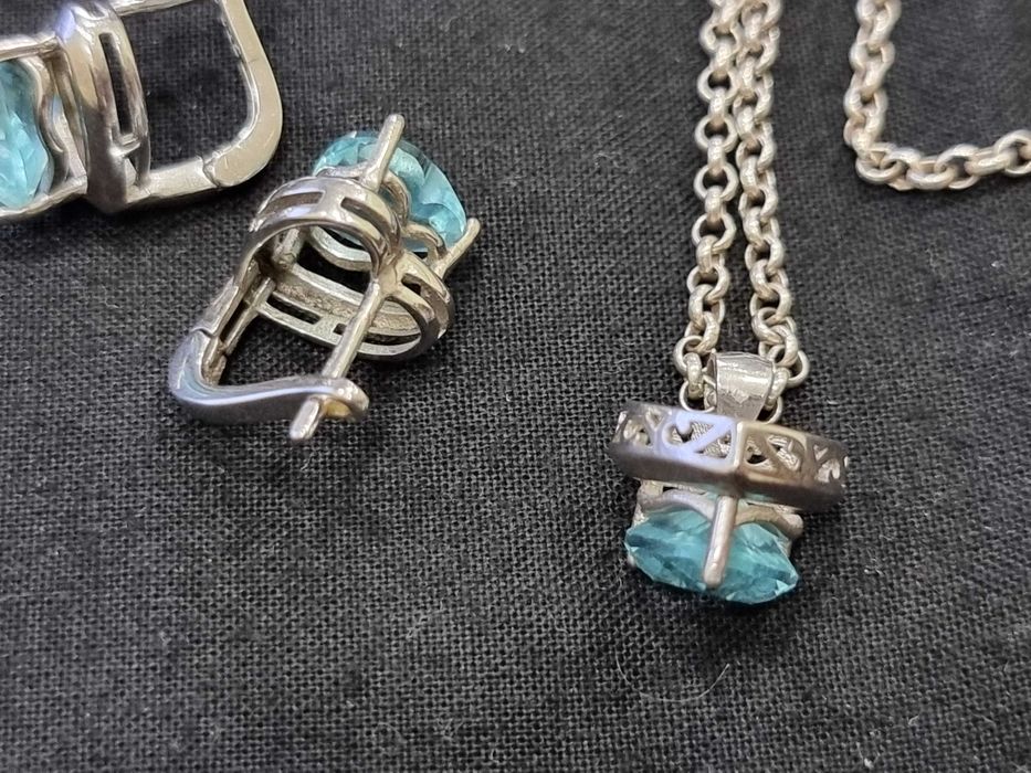 Сребърни бижута, комплект синджир, висулка и обеци,